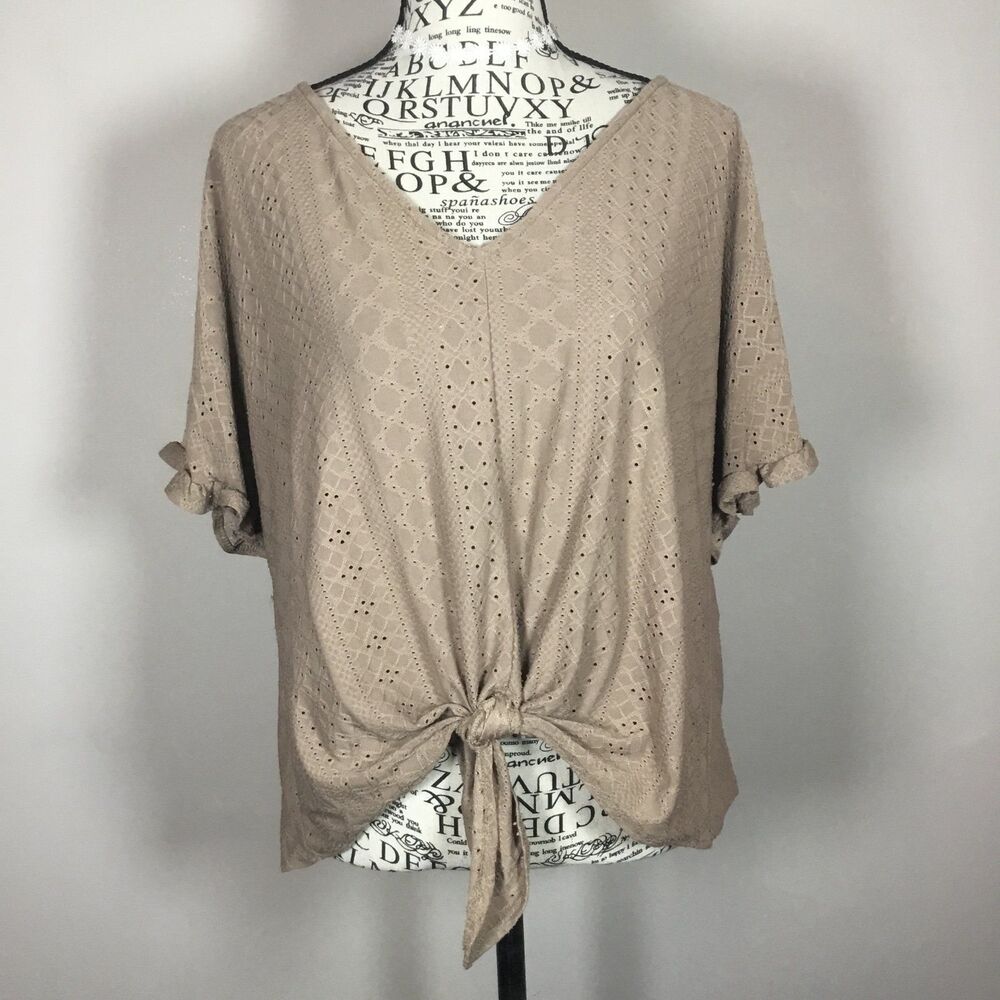 Stretchy eyelet tan top ruffle short sleeves tie front fairycore cottagecore L